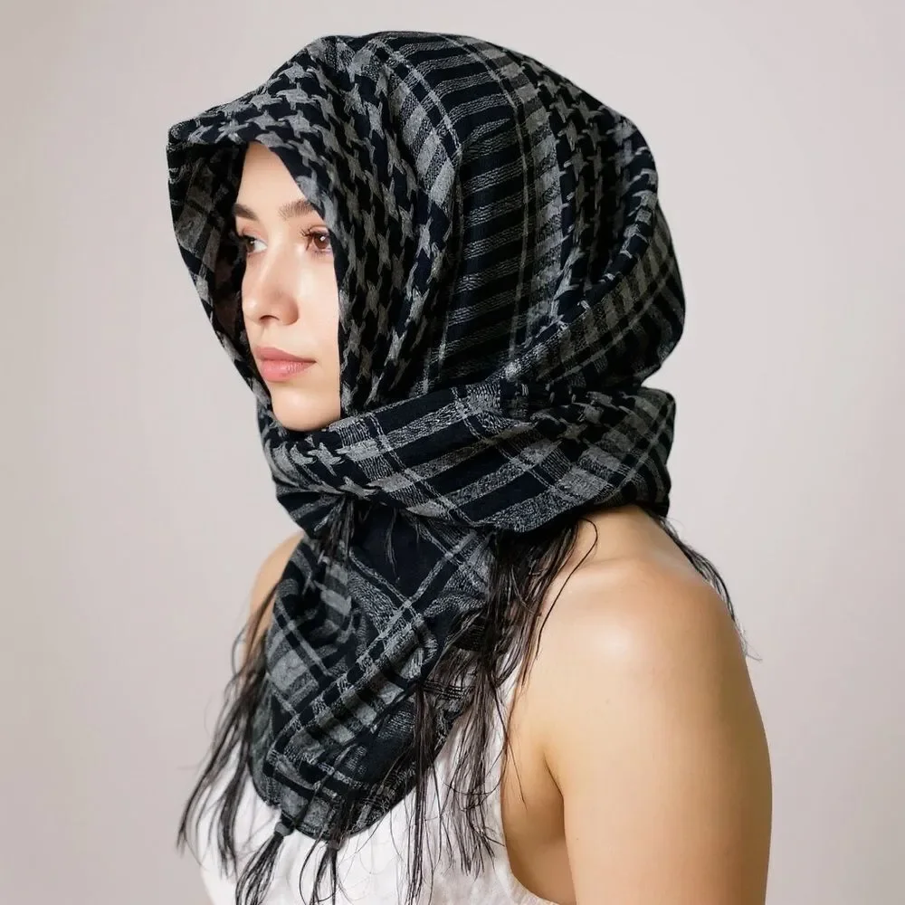 Black Gray Plaid Fringe Scarf Neck Wrap Headscarf Headband NEW